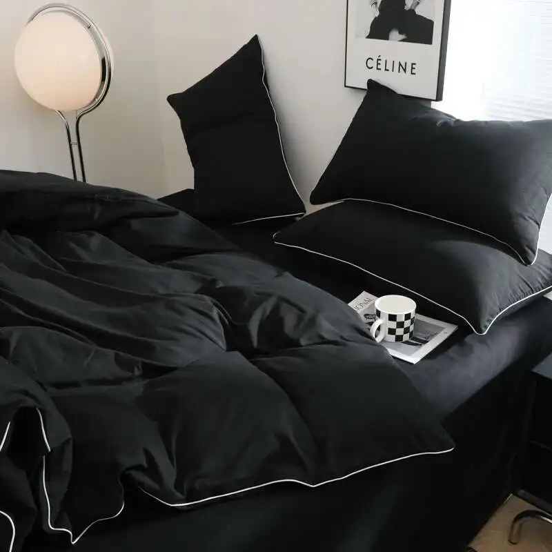 Black Bedding Set - Minimalist Queen/King Size Quilt Set 100% Cotton Plain Bed Cover Full Set (Includes Pillowcases)​