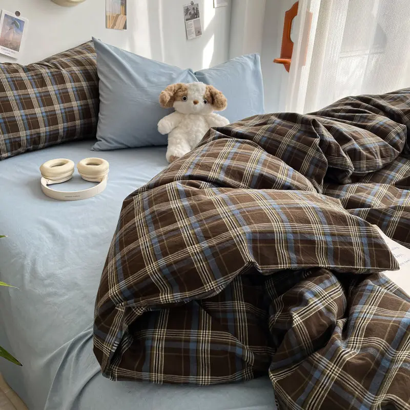 Bedding Set Ins Ambiance Blue Coffee Grid Mixed With Washed Cotton Minimalist Four Piece Set Fitted Sheets Duvet Cover