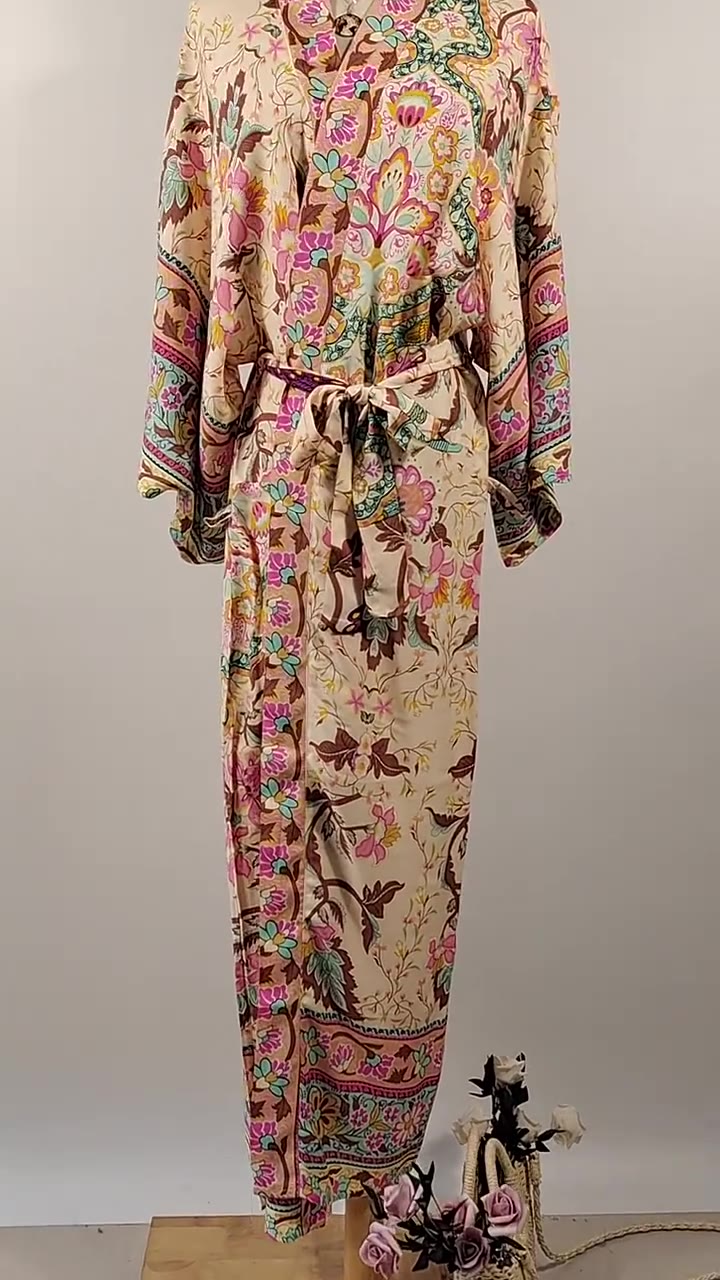 Boho Women Peacock Print Batwing Sleeve Beach Bohemian Kimono Robe Ladies V Neck Sashes Summer Bikini Cover-ups