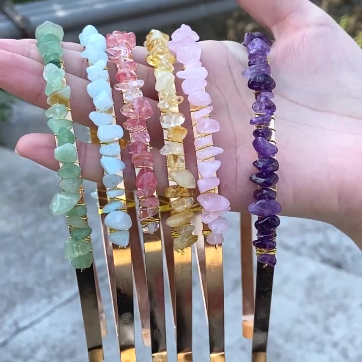 Green Agates Beads Hair Hoops For Women Hair Accessories Natural Chip Beads Headwear Rose Pink Quart Citrines Headbands Jewelry