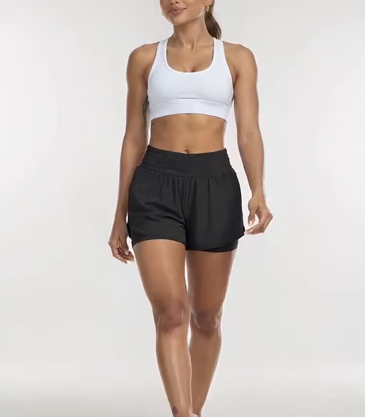 Women's high-waisted athletic shorts for running, yoga, layered design, anti-exposure, fitness, and workout with pockets